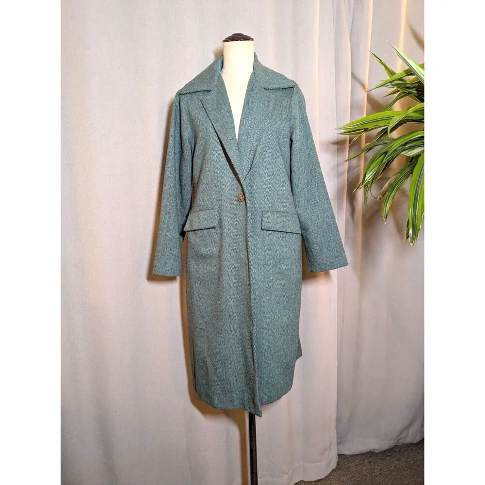 Erica Tanov Wool Peacoat Blue Long Size 1 Small Pockets Buttons Chevron